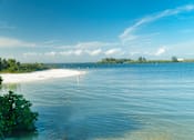 Thumbnail 7 of 12 - A serene beach landscape with a clear blue sky and calm waters.