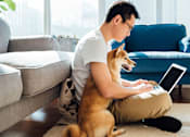 Thumbnail 11 of 12 - A man is sitting on the floor with a laptop and a dog is sitting next to him.