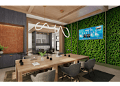 Thumbnail 2 of 12 - A modern office space with a green wall and a wooden table.