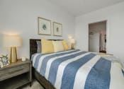Thumbnail 20 of 36 - a bedroom with a blue and white bed and two lamps at Statesman Apartments, Wisconsin