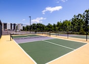 Thumbnail 12 of 22 - Outdoor pickleball courts with professional nets at Timber Club Apartments, Missouri