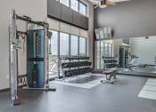 Thumbnail 21 of 36 - a fitness room with weights and cardio equipment and large windows at Statesman Apartments, Wisconsin 53132
