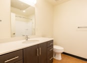 Thumbnail 8 of 15 - the preserve at ballantyne commons apartment bathroom with sink toilet and mirror