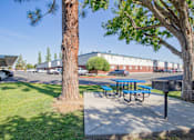 Thumbnail 13 of 22 - a picnic table on a sidewalk next to a parking lot