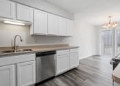 Thumbnail 3 of 13 - an empty kitchen with white cabinets and a stainless steel dishwasher