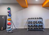 Thumbnail 28 of 41 - a rack of dumbbells in the corner of a room with white walls and orange and