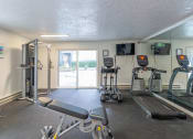 Thumbnail 3 of 25 - a gym with cardio equipment and a sliding glass door