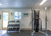Thumbnail 6 of 25 - a fitness room with a treadmill and weights