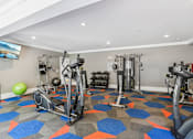 Thumbnail 5 of 35 - A gym with a variety of equipment including treadmills, weights, and a television.