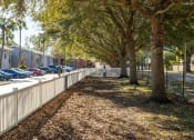 Thumbnail 8 of 43 - a sidewalk with trees and a fence
