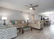 Thumbnail 12 of 43 - a living room with couches and a table and a ceiling fan