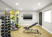 Thumbnail 5 of 25 - a home gym with a large mirror and a wall mounted tv