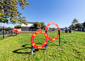 Thumbnail 17 of 29 - a red and yellow sign in the shape of a olympic rings in a grassy