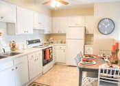 Thumbnail 4 of 24 - A kitchen with a table set for two with plates and candles.