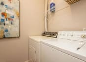 Thumbnail 15 of 27 - A white washing machine sits in a laundry room with a painting on the wall.