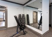 Thumbnail 31 of 38 - A gym room with a mirror, weights, and a bench.