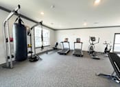 Thumbnail 7 of 38 - A gym with a punching bag, treadmills, and other exercise equipment.