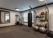 Thumbnail 8 of 38 - A well-equipped gym with a punching bag, exercise balls, and a rack of resistance bands.
