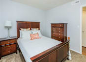 Thumbnail 30 of 32 - A bedroom with a bed, nightstand, and dresser.