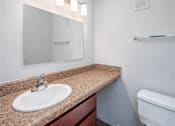 Thumbnail 13 of 25 - A bathroom with a sink, mirror, and toilet.