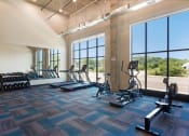 Thumbnail 34 of 74 - a gym with cardio equipment and windows at the district at highland village apartments