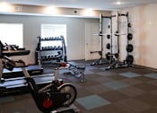Thumbnail 5 of 21 - A gym with a rowing machine, a bench press, and a squat rack.