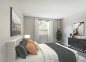 Thumbnail 12 of 16 - Bedroom with grey walls and a large bed with brown and white pillows at Platts Crossing, London, ON