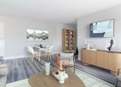 Thumbnail 14 of 20 - A modern living room with a wooden coffee table and a grey sofa.