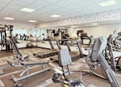 Thumbnail 9 of 37 - A gym with a variety of equipment including treadmills, weights, and exercise machines.