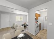 Thumbnail 26 of 48 - a living room with a table and chairs and a kitchen with a refrigerator and stove
