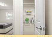 Thumbnail 17 of 24 - A white closet with a door open showing shelves with a basket and a green bottle.
