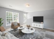 Thumbnail 20 of 48 - a living room with gray walls and a white coffee table