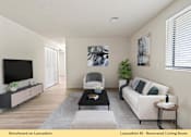 Thumbnail 13 of 24 - A living room with a white couch, a black coffee table, and a television.