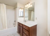 Thumbnail 42 of 43 - a bathroom with a sink and a shower and a mirror