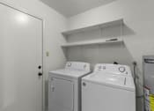 Thumbnail 14 of 14 - A white door is open to a laundry room with two washing machines.