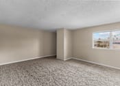 Thumbnail 4 of 14 - Empty room with carpeted floor and a window showing a view of a barren landscape.