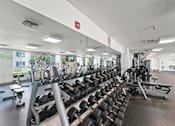Thumbnail 17 of 56 - A gym with a variety of equipment including dumbbells, weight machines, and a stationary bike.