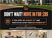 Thumbnail 32 of 32 - An advertisement for a housing complex offering a move-in price of $99 with a deadline of August 31st.