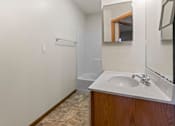 Thumbnail 48 of 64 - A bathroom with a sink, mirror, and shower.
