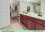 Thumbnail 32 of 58 - a bathroom with a sink and a mirror and a closet