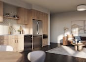 Thumbnail 11 of 16 - A modern kitchen with a refrigerator, sink, and a dining table with chairs.