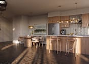 Thumbnail 12 of 16 - A modern kitchen with wooden floors and a staircase on the left side.