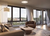 Thumbnail 13 of 16 - A modern living room with a large window and a view of trees and a fence outside.