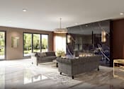 Thumbnail 4 of 16 - A modern living room with a grey sofa and a chandelier.