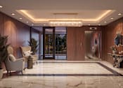 Thumbnail 5 of 16 - A modern and luxurious lobby with a marble floor and wooden walls.