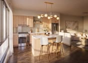 Thumbnail 9 of 16 - A modern kitchen with a dining table and chairs.