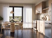 Thumbnail 10 of 16 - A modern kitchen with a dining table and chairs.