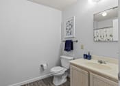 Thumbnail 21 of 39 - a bathroom with a toilet and a sink and a mirror