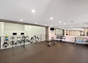 Thumbnail 23 of 34 - A gym with a variety of equipment including weights and exercise machines.