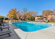 Thumbnail 22 of 27 - A swimming pool surrounded by trees and a building in the background.
